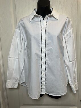 Zara White Eyelet-Trim Button Down Shirt